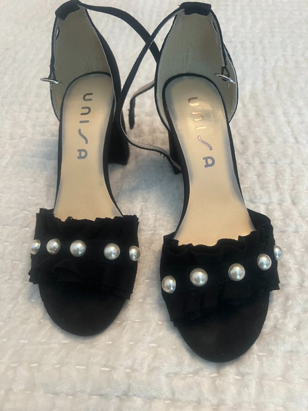 Unisa Black Suede-like Block Heel with Pearl Embellishment (7.5)